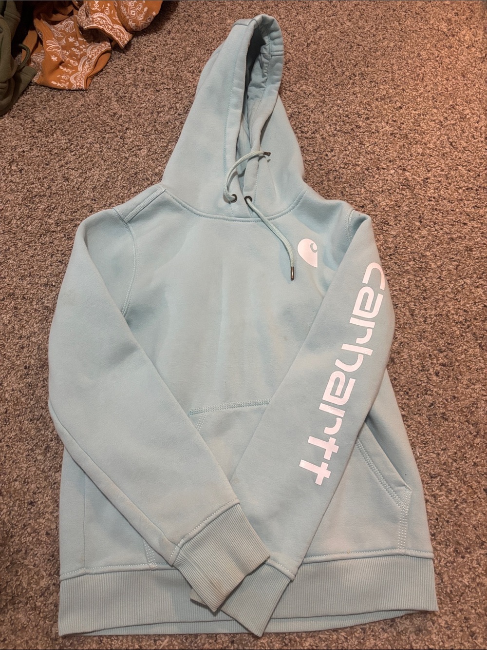 Carhartt Women's Light Blue Pullover Hoodie with White Logo